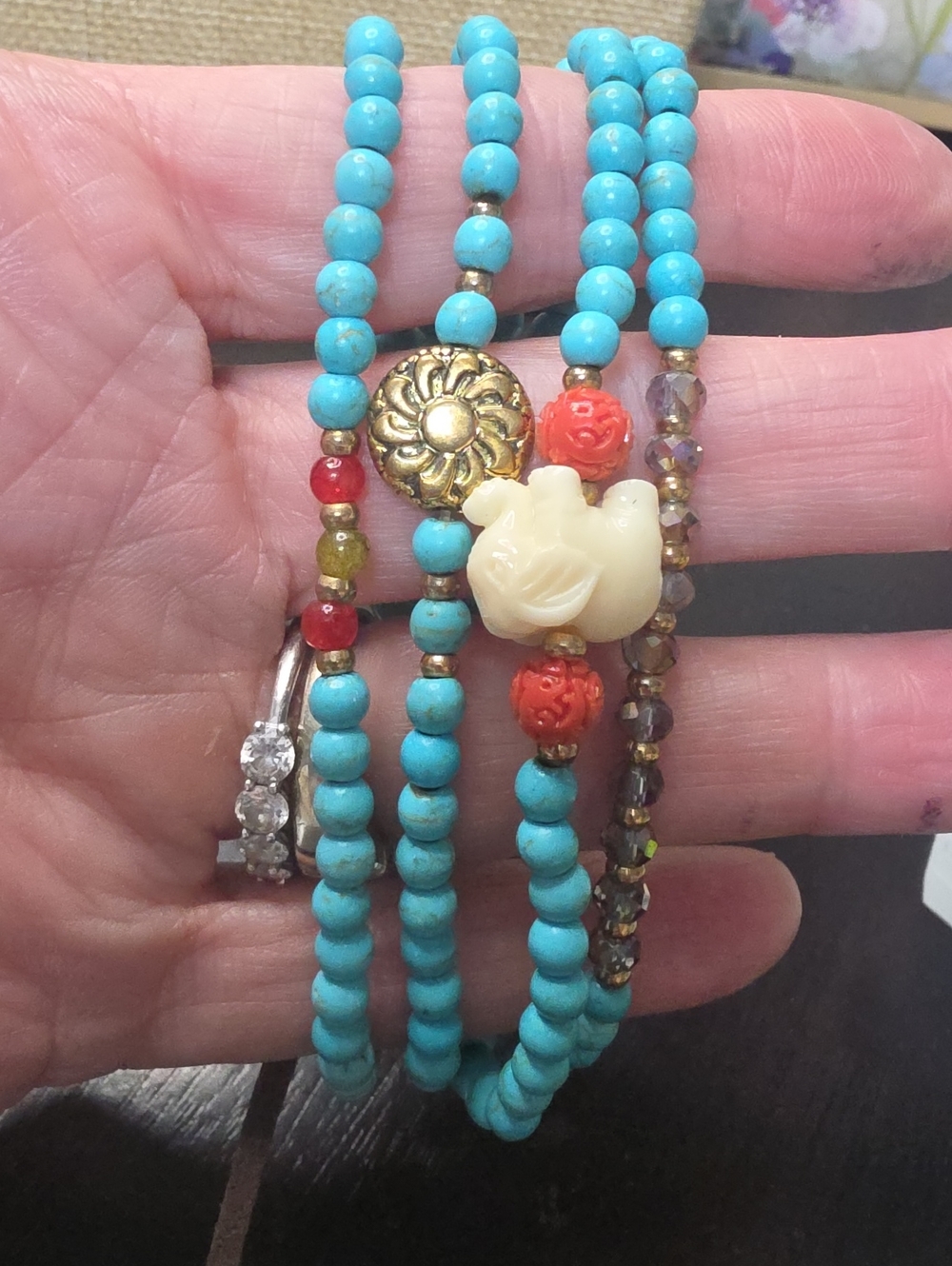 Turquoise Beaded Bracelet Set with Coral and Ivory Charm